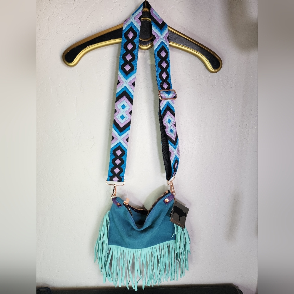 Fort Omotse Teal Leather Fringe Guitar Strap Crossbody